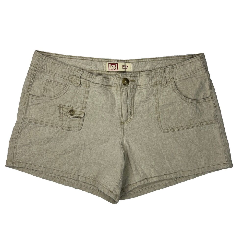 l.e.i. Annie Ashley Linen Shorts Khaki Flap Pocket Mid Rise Y2K Size 17